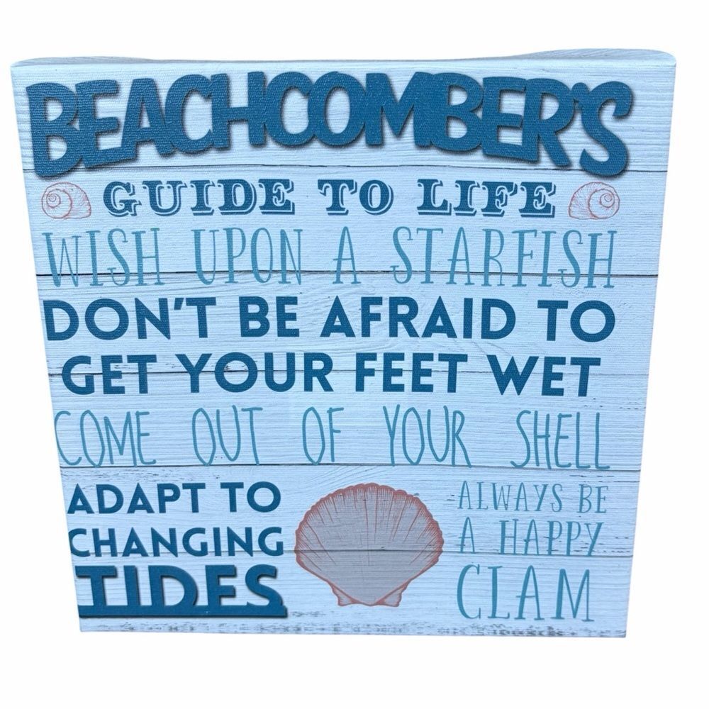 Beachcomber's Guide to Life Decorative Sign Blue & White Coastal Beach Sun Sea